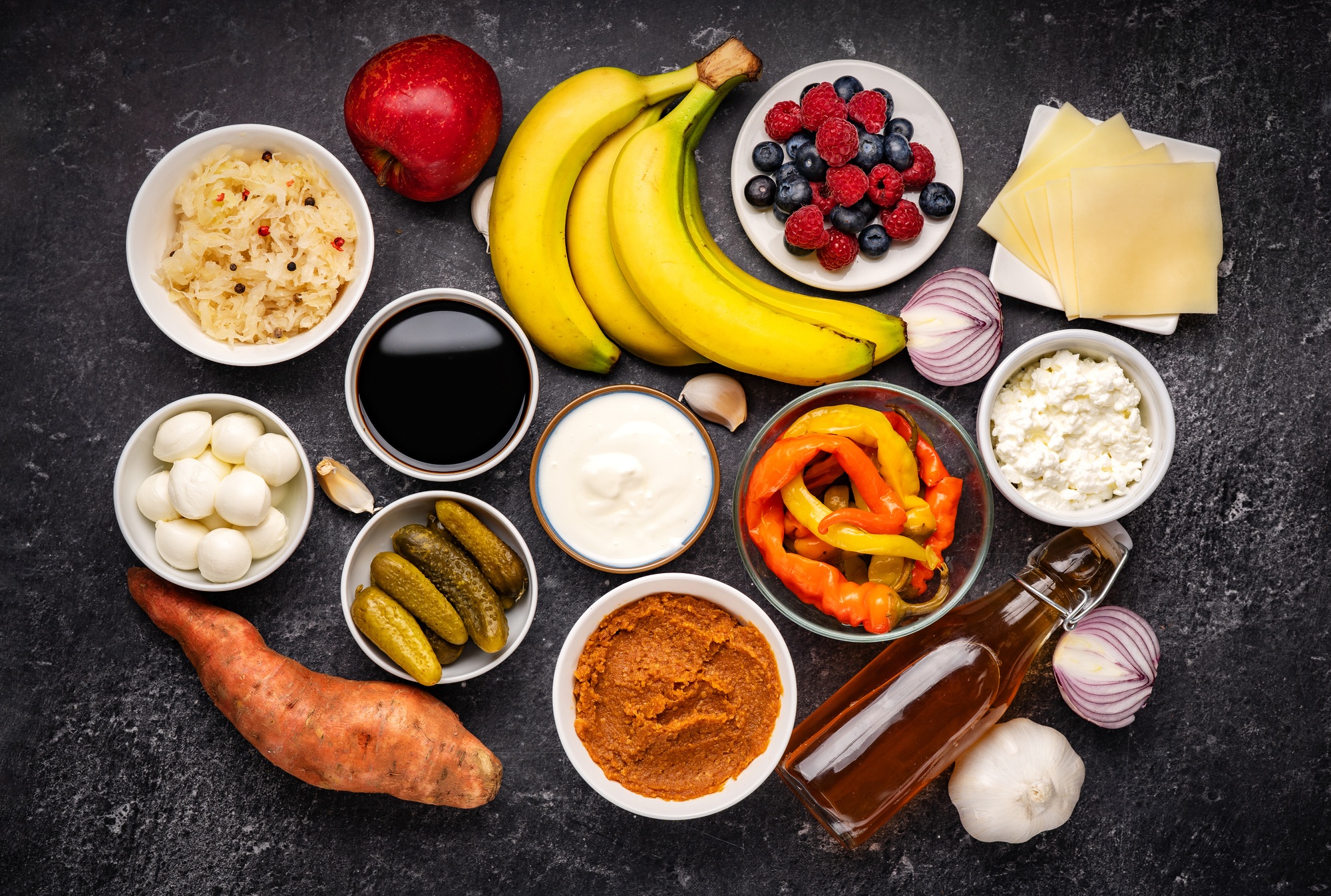 Probiotic and prebiotic foods rich of healthy bacteria good for health